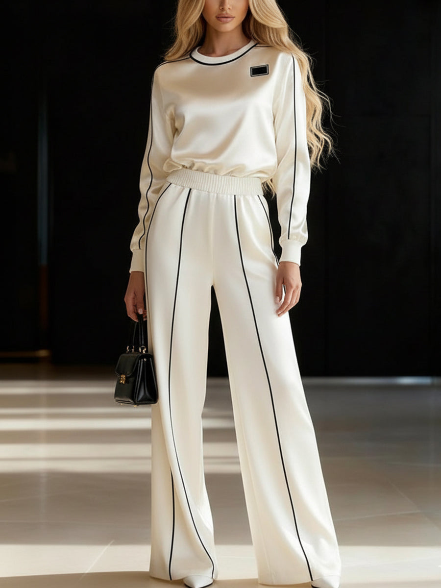 Elasticated Waist High Waisted Contrast Color Line Split-Joint Pants