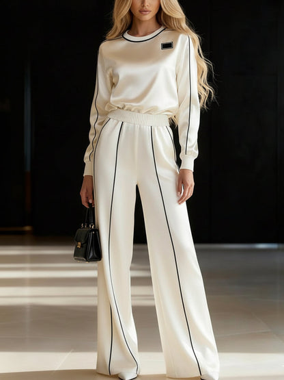 Elasticated Waist High Waisted Contrast Color Line Split-Joint Pants