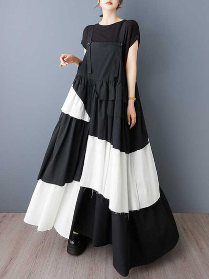 A-Line Loose Asymmetric Buttoned Pleated Spaghetti-Neck Maxi Dresses Suspender Dress