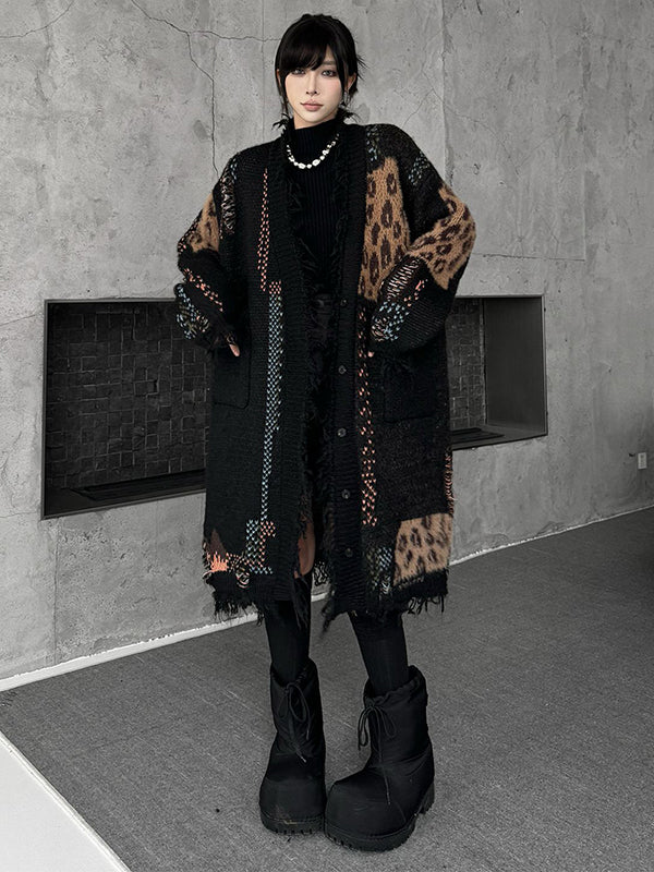 Hipster Long Sleeves Asymmetric Buttoned Contrast Color Leopard Pockets Split-Joint V-Neck Cardigan Tops