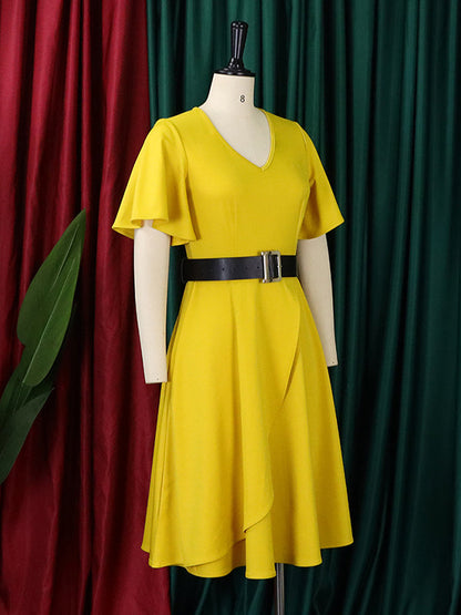 Irregular Clipping Plus Size Belted Solid Color Round-Neck Midi Dresses