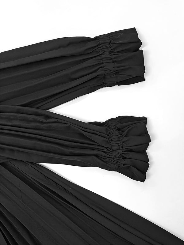 Flared Sleeves Long Sleeves Buttoned Ruffled Solid Color Tied Waist Stand Collar Midi Dresses