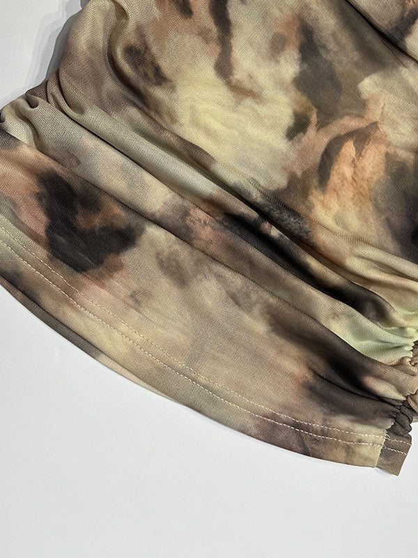 Long Sleeves Skinny Pleated Split-Joint Tie Dye Off-The-Shoulder T-Shirts Tops