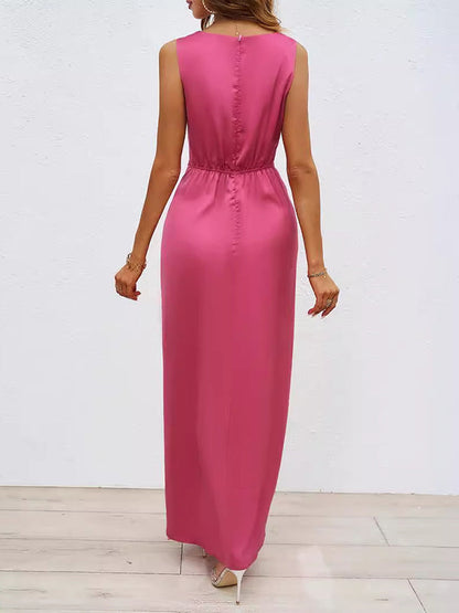 Loose Sleeveless Pleated Split-Front Split-Joint V-Neck Maxi Dresses