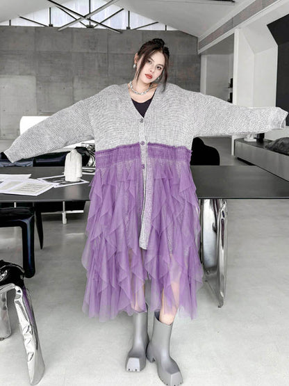 High-Low Irregularity Buttoned Contrast Color Mesh Pleated Ribs Split-Joint Collarless Cardigan Tops Outerwear