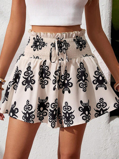 Wide Leg Drawstring Elasticity Printed Split-Joint Shorts