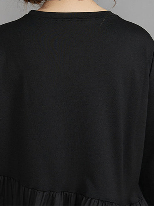 Vintage Long Sleeves Loose Split-Joint Solid Color Round-Neck Midi Dresses