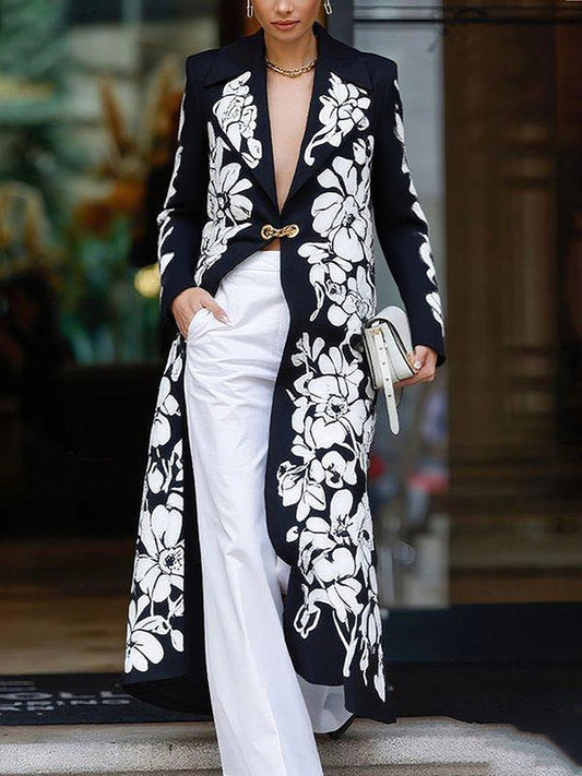 Long Sleeves Loose Flower Print Notched Collar Blazer Outerwear