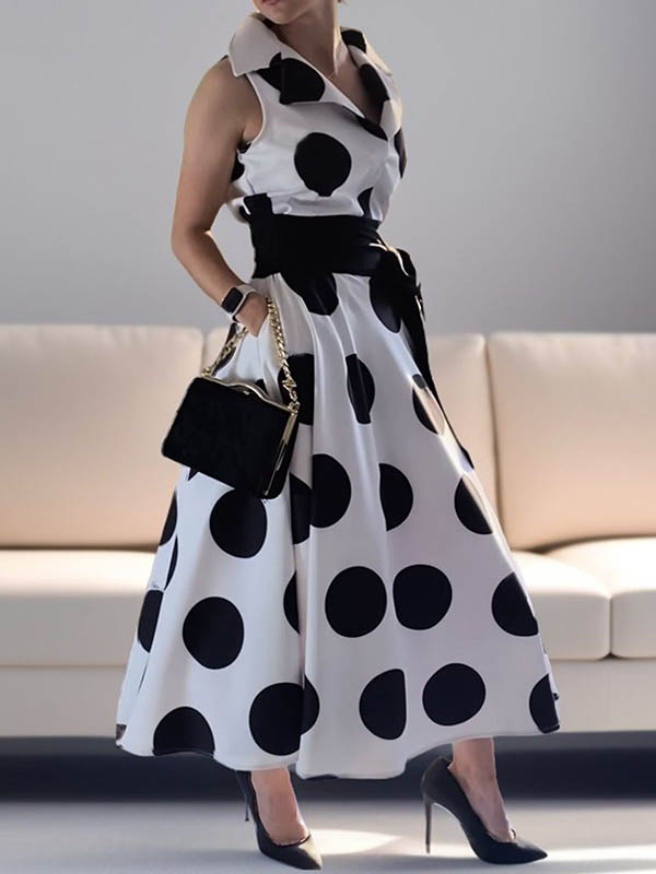 A-Line Sleeveless Polka-Dot Split-Joint Tied Waist Lapel Maxi Dresses Shirt Dress FUSCHIA