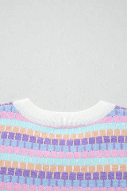 Rose Red Abstract Striped Knit Short Sleeve Sweater