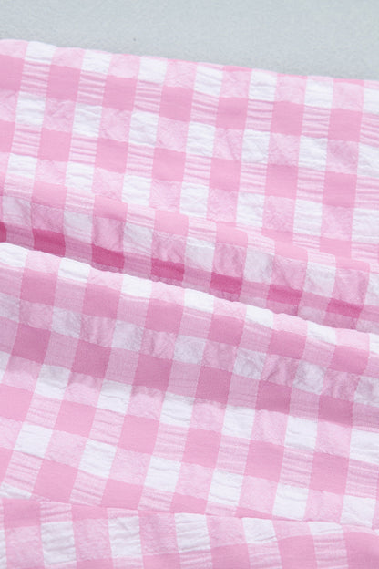 Sky Blue Gingham Print Ruffle Striped Detail Lace Tie Shorts