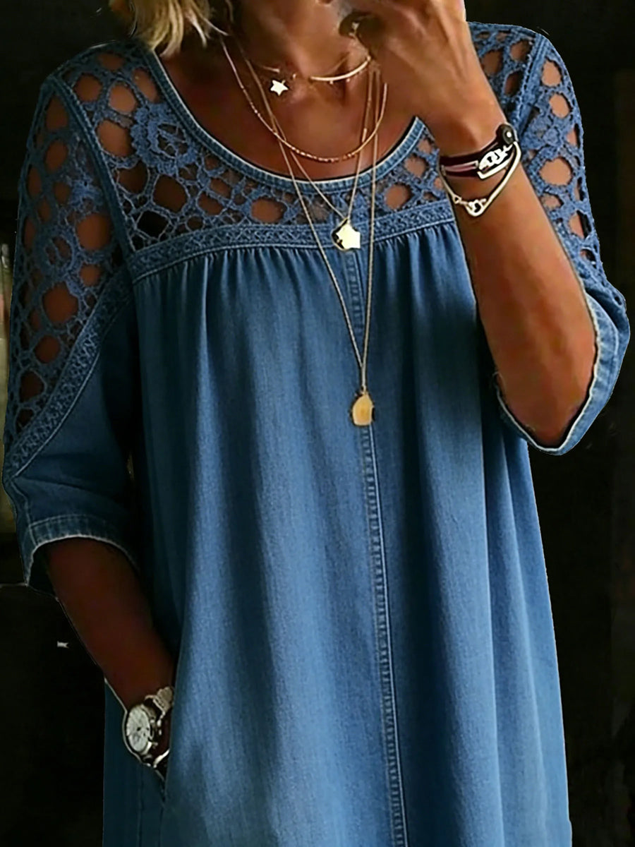 Loose Three-Quarter Sleeves Hollow Pleated Solid Color Blouses&Shirts Tops