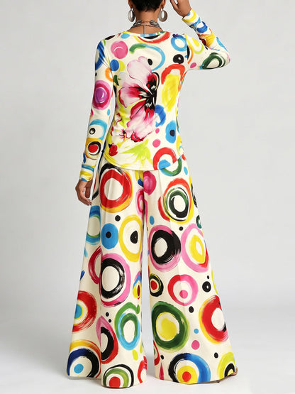 Printed Flower Print Contrast Color Colorful Long Sleeves Round-neck T-Shirts Tops