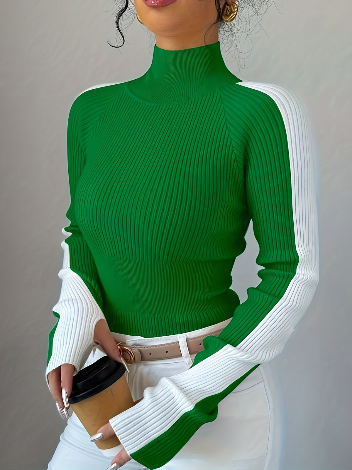 Contrast Color Skinny Long Sleeves High-neck Sweater Tops Pullovers