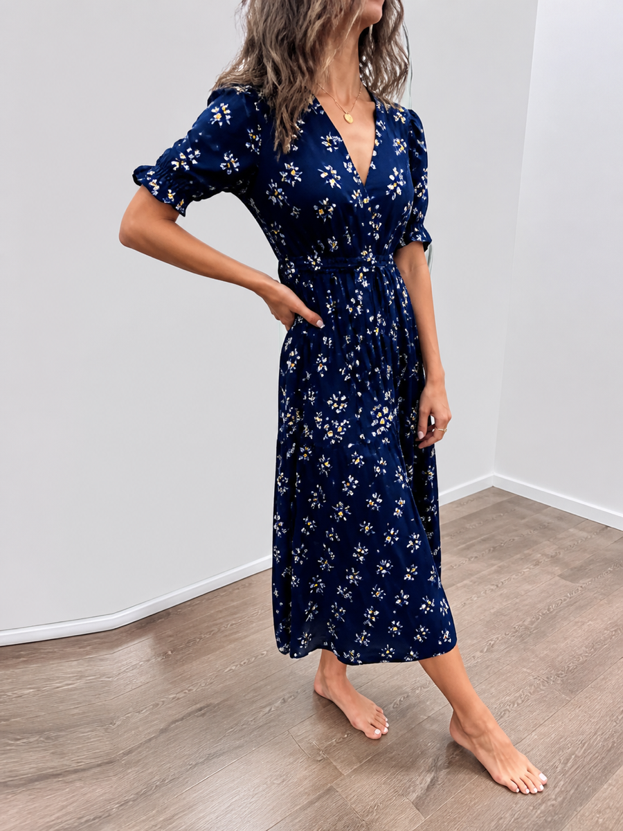 Tied Split-Joint Polka-Dot Pleated Elasticity Contrast Color Buttoned Short Sleeves Plus Size V-neck Midi Dresses
