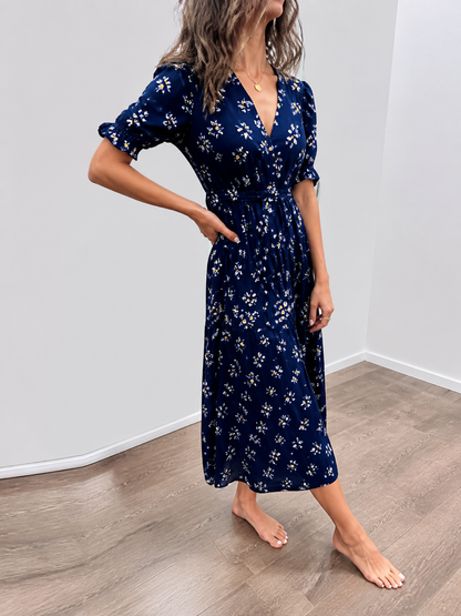 Tied Split-Joint Polka-Dot Pleated Elasticity Contrast Color Buttoned Short Sleeves Plus Size V-neck Midi Dresses