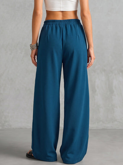 Loose Wide Leg Drawstring Elasticity Pockets Solid Color Pants Trousers