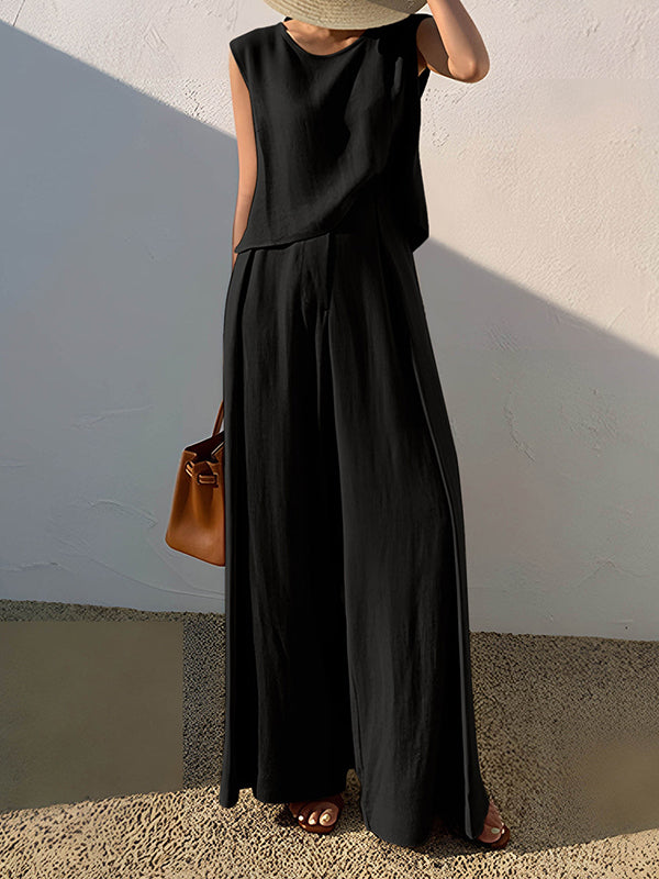 Loose Short Sleeves Hollow Solid Color Split-Joint Round-Neck Vest Top