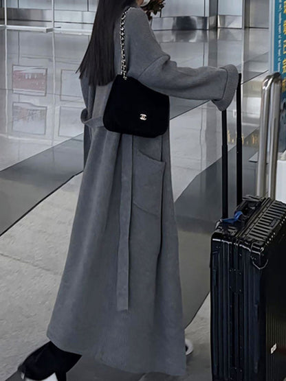 Long Sleeves Loose Pockets Solid Color Tied Waist Notched Collar Cardigan Coats