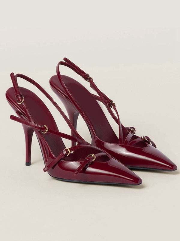 Belt Buckle Hollow Pointed-Toe Split-Joint Pumps Sandals Sling Shoes BURGUNDY