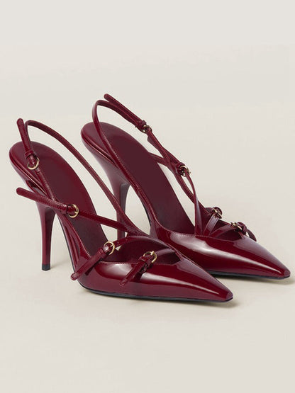 Belt Buckle Hollow Pointed-Toe Split-Joint Pumps Sandals Sling Shoes BURGUNDY