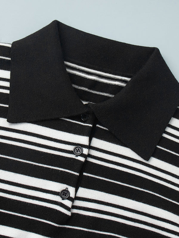 Long Sleeves Split-Joint Striped Lapel Sweater Tops