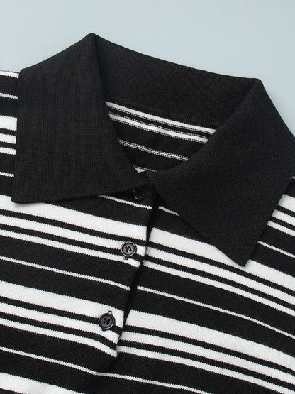 Long Sleeves Split-Joint Striped Lapel Sweater Tops