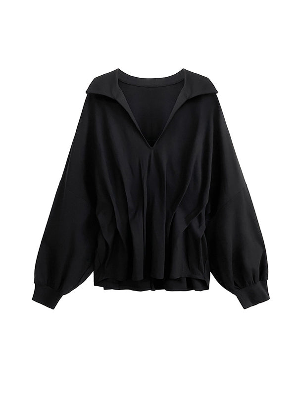 Batwing Sleeves Long Sleeves Pleated Solid Color Deep V-Neck Blouses&Shirts Tops