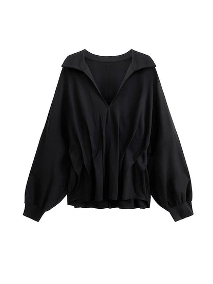 Batwing Sleeves Long Sleeves Pleated Solid Color Deep V-Neck Blouses&Shirts Tops