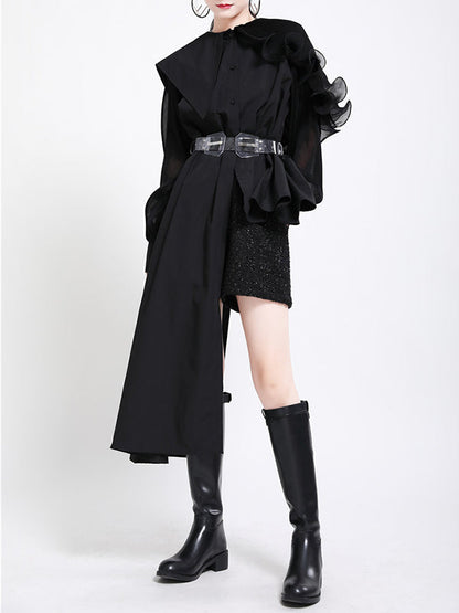 Long Sleeves Loose Asymmetric Pleated Solid Color Split-Joint Falbala Lapel Blouses&Shirts Tops