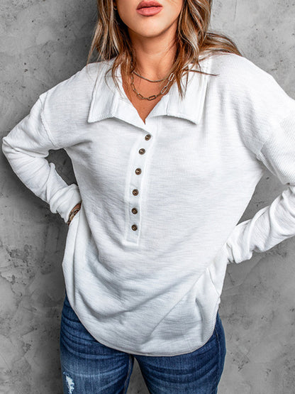 T-shirts amples à manches longues, boutonnés, couleur unie, à revers fendus 