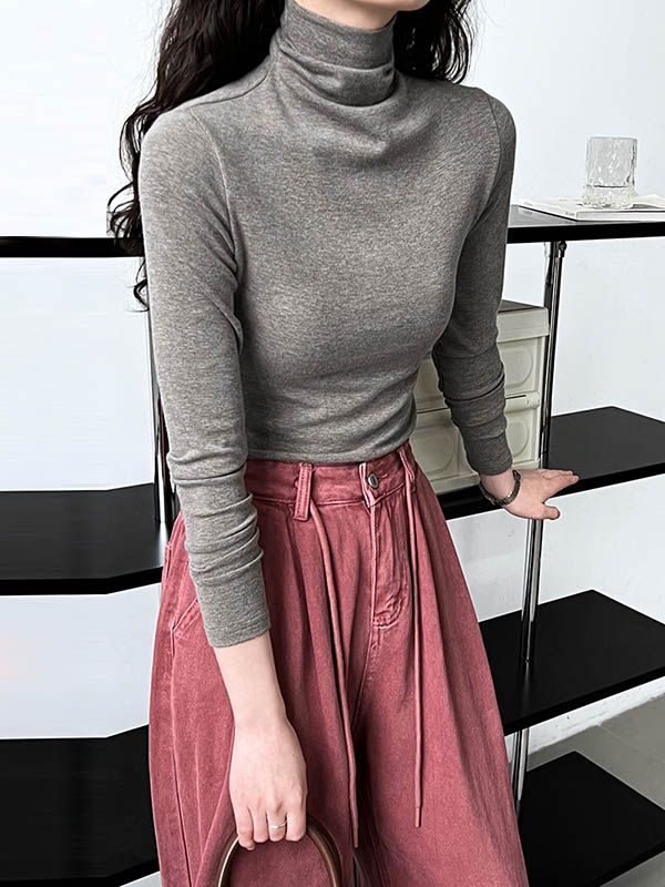 Long Sleeves Skinny Solid Color Split-Joint High Neck T-Shirts GRAY M