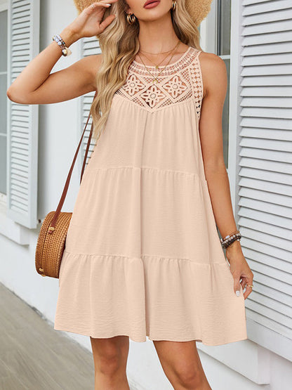 A-Linie Locker Hohl Plissee Einfarbig Split-Joint Rundhals Minikleider 