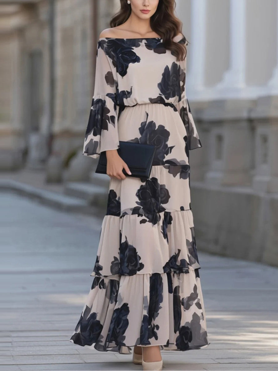 Split-Joint Flower Print Elasticity Contrast Color Backless Long Sleeves High Waisted Off-the-shoulder Maxi Dresses