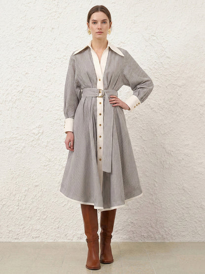 A-Line Elasticated Waist Belted Buttoned Contrast Color Split-Side Striped Lapel Midi Dresses