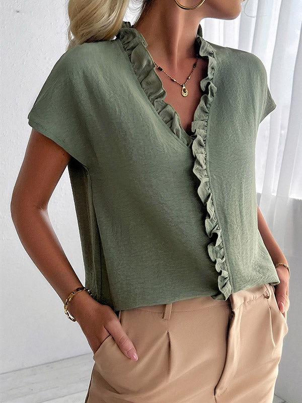 Loose Short Sleeves Ruffle Trim Solid Color V-Neck Blouses&Shirts Tops