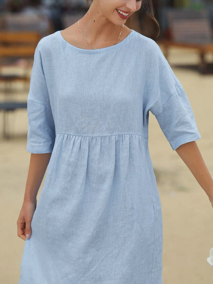 Half Sleeves Loose Pleated Pockets Solid Color Round-Neck Midi Dresses