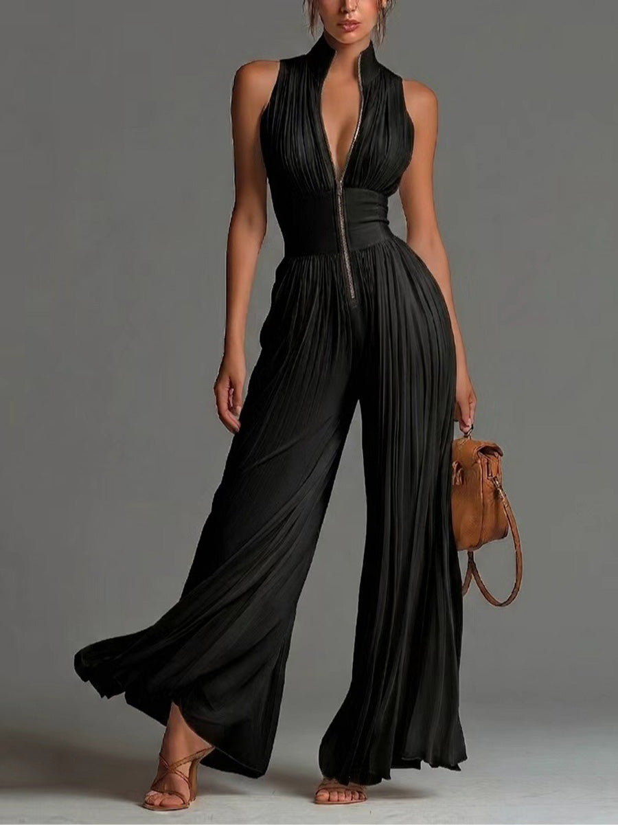 High Waisted Sleeveless Pleated Solid Color Zipper V-Neck Jumpsuits