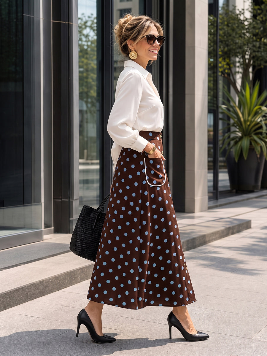 Polka-Dot Pockets Elasticity Contrast Color Buttoned High Waisted A-line Skirts Bottoms