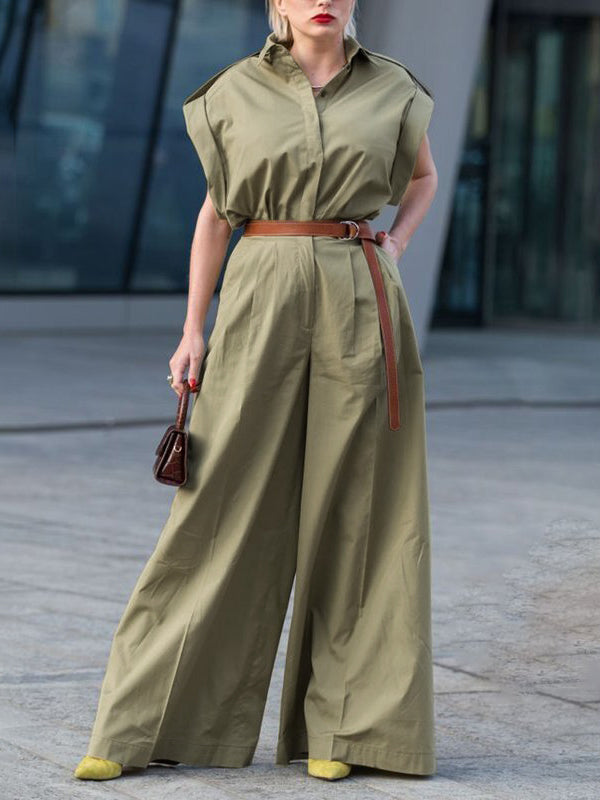 High Waisted Loose Belted Buttoned Pockets Solid Color Lapel Jumpsuits