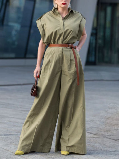 High Waisted Loose Belted Buttoned Pockets Solid Color Lapel Jumpsuits