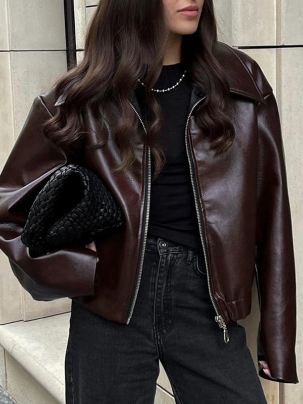 Vestes à manches longues, amples, élastiques, couleur unie, fermeture éclair, revers, vêtements d'extérieur 