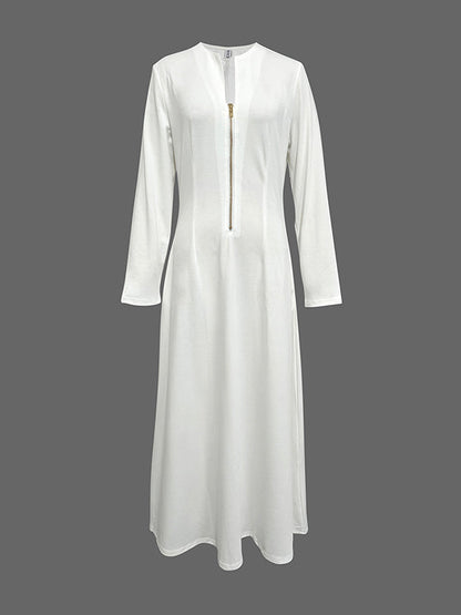 Long Sleeves Solid Color Zipper Round-Neck Maxi Dresses