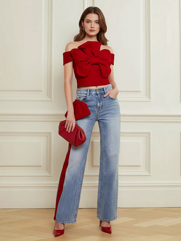 Wide Leg Bow-Embellished Contrast Color Jean Pants Bottoms