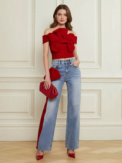 Wide Leg Bow-Embellished Contrast Color Jean Pants Bottoms