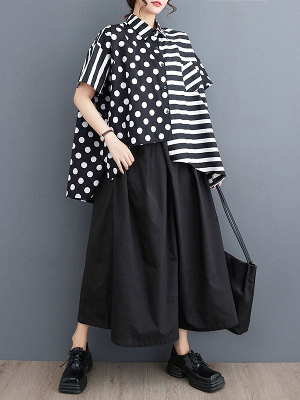 Loose Short Sleeves Buttoned Contrast Color Pockets Polka-Dot Split-Back Split-Joint Striped Lapel Blouses&Shirts Tops