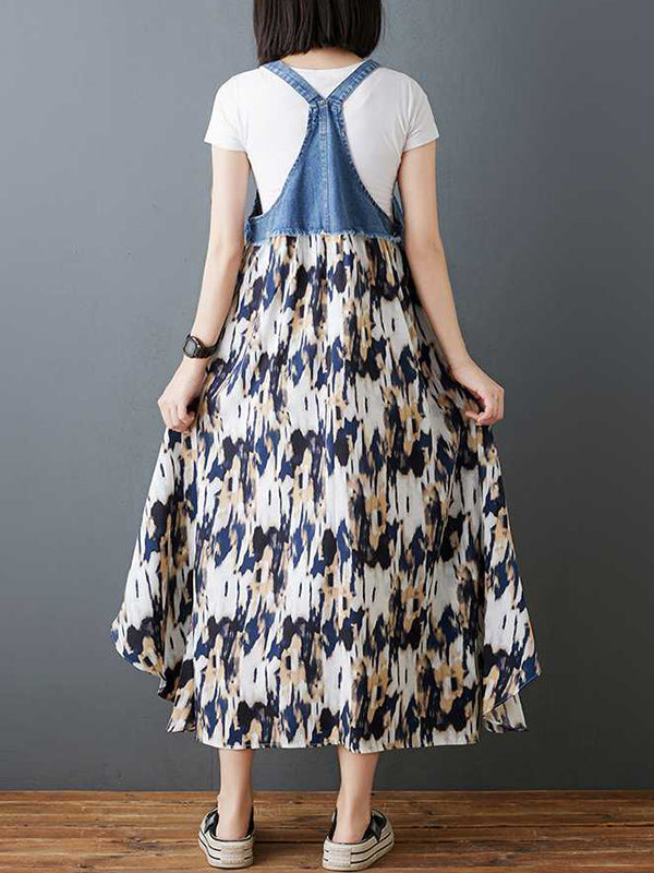 Lockeres Maxikleid in Übergröße mit Blumendruck und Taschen, geteiltem Spaghetti-Ausschnitt und Hosenträgerkleid 