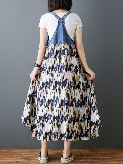 Lockeres Maxikleid in Übergröße mit Blumendruck und Taschen, geteiltem Spaghetti-Ausschnitt und Hosenträgerkleid 