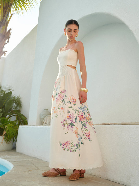 Eden | Women's Floral Maxi Dress Cutout Waist Scallop Hem Sundress