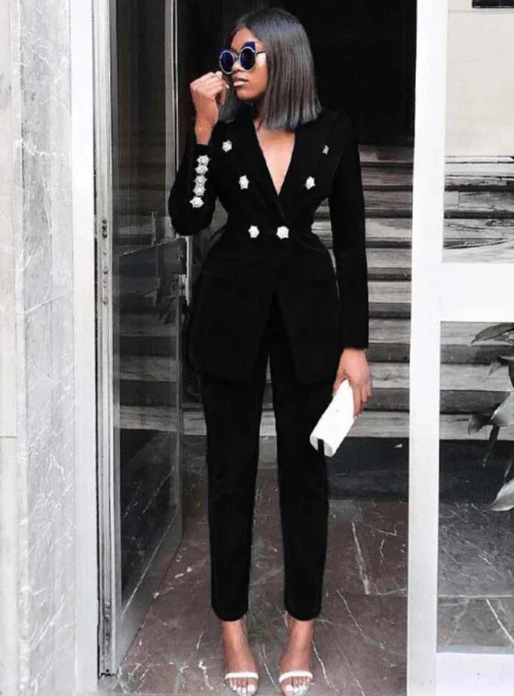 NEXT DAY DELIVERY BERTA Black V Neck Long Sleeve 2 Piece Suit